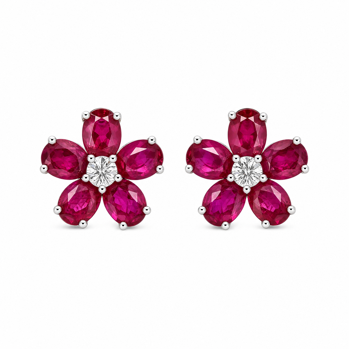 RETE0143W-CA W-1 frontal pair - oval ruby five-petal flower cluster clip earrings with diamond centre in 18K white gold