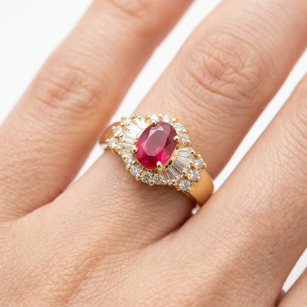 Oval Ruby, Tapered & Round Diamond Ring