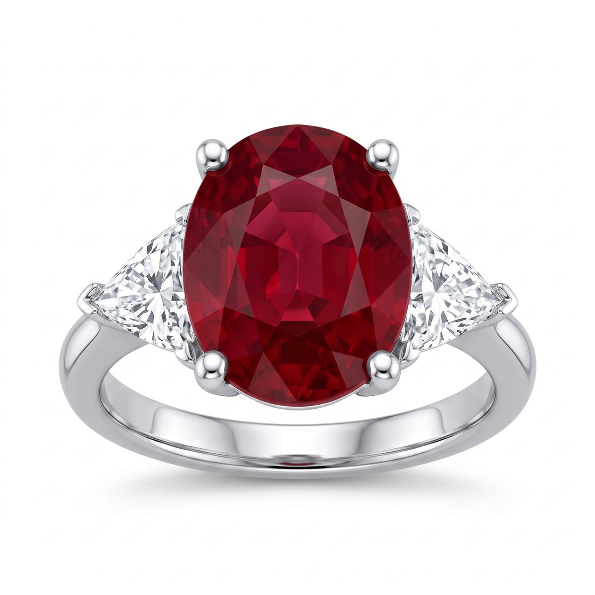 6.29ct Oval Ruby Three-Stone Ring with Trillion Diamonds