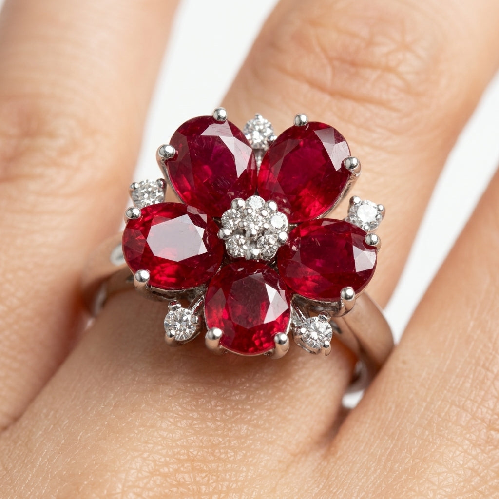 Ruby Flower Ring with Diamond Accents