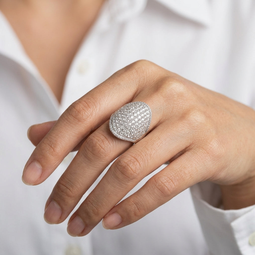 Diamond Pave Dome Cocktail Ring - worn on hand