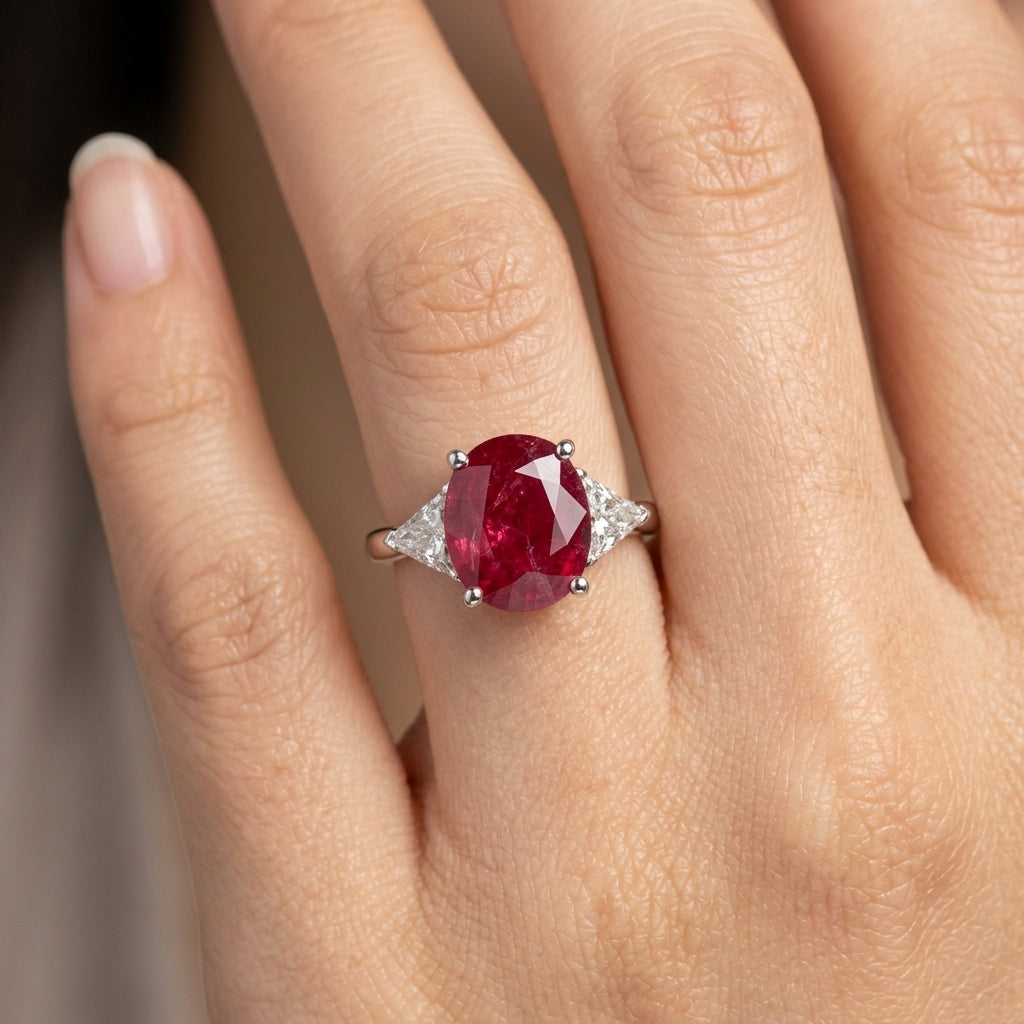 Oval Ruby Three-Stone Ring with Trillion Diamonds - worn on hand