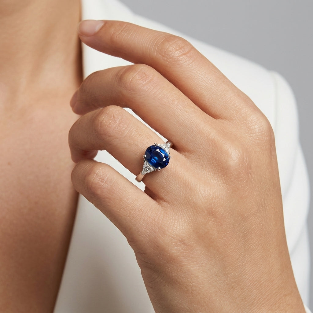 Oval Sapphire Three-Stone Ring with Trillion Diamonds - worn on hand