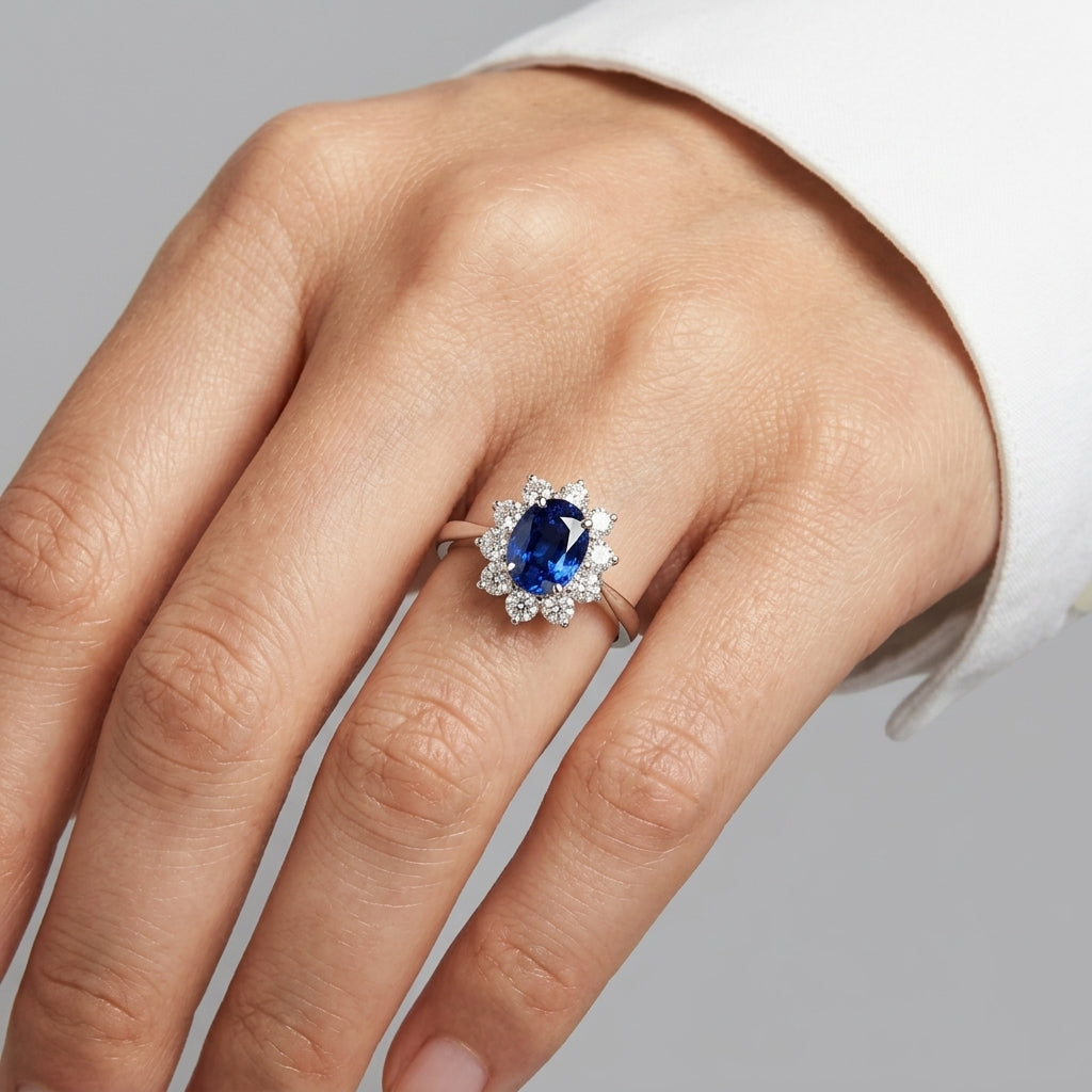 Oval Sapphire and Diamond Cluster Halo Ring - worn on hand