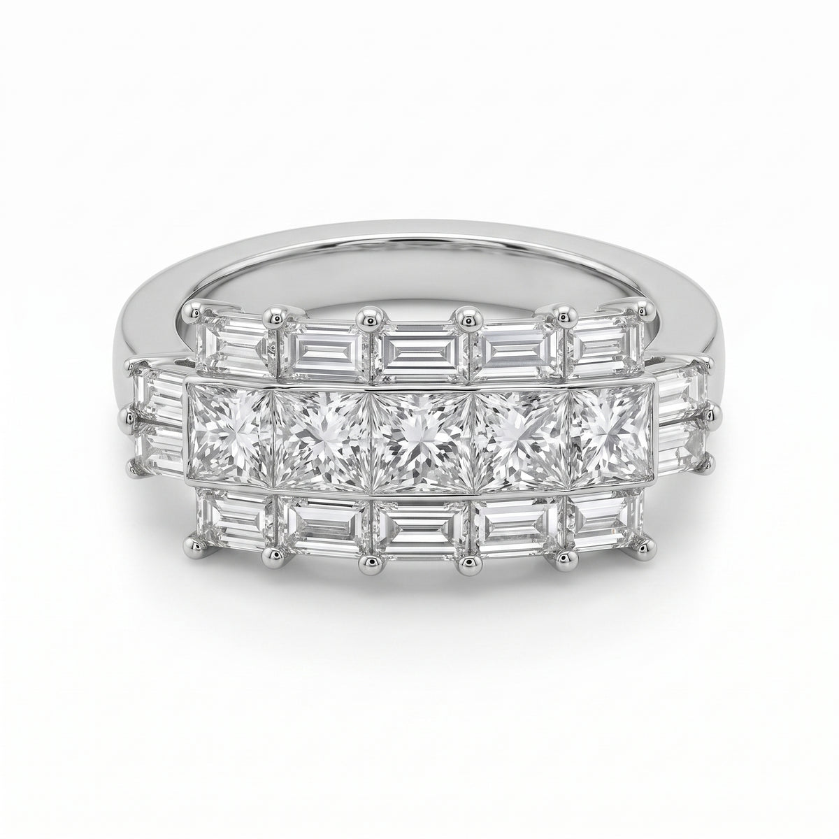 Princess & Baguette Diamond Three-Row Ring