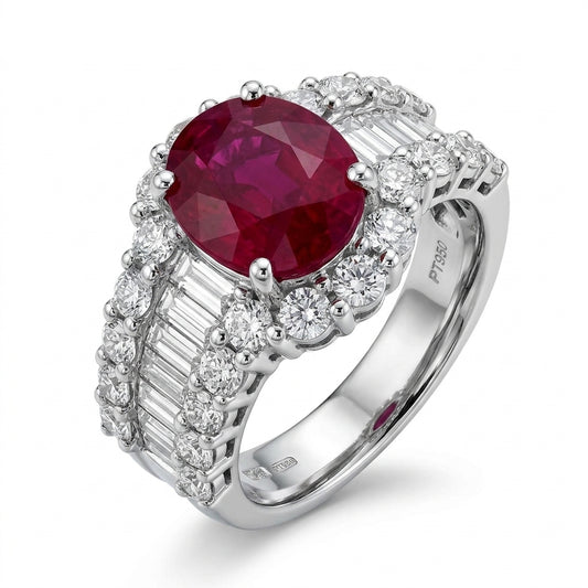 Oval Ruby and Diamond Wide Band Cocktail Ring - white background