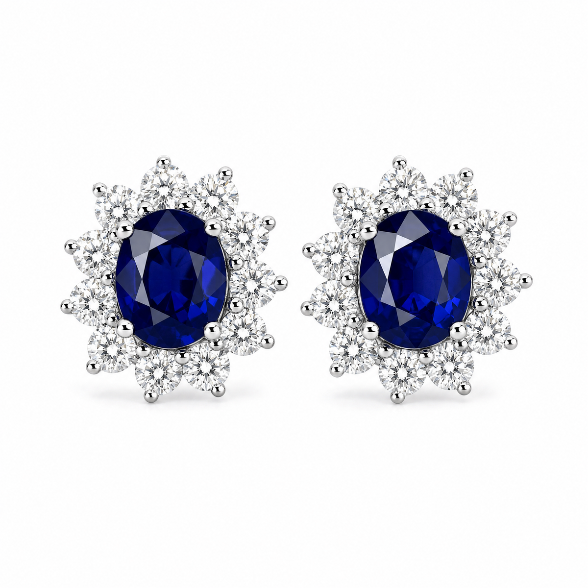 SECY0204W W-1 frontal pair - oval blue sapphire with round diamond cluster halo stud earrings in 18K white gold