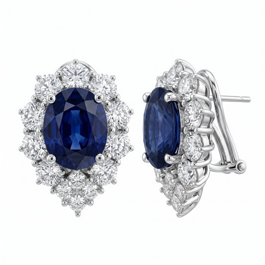 6.46ct Oval Sapphire & Diamond Halo Drop Clip Earrings