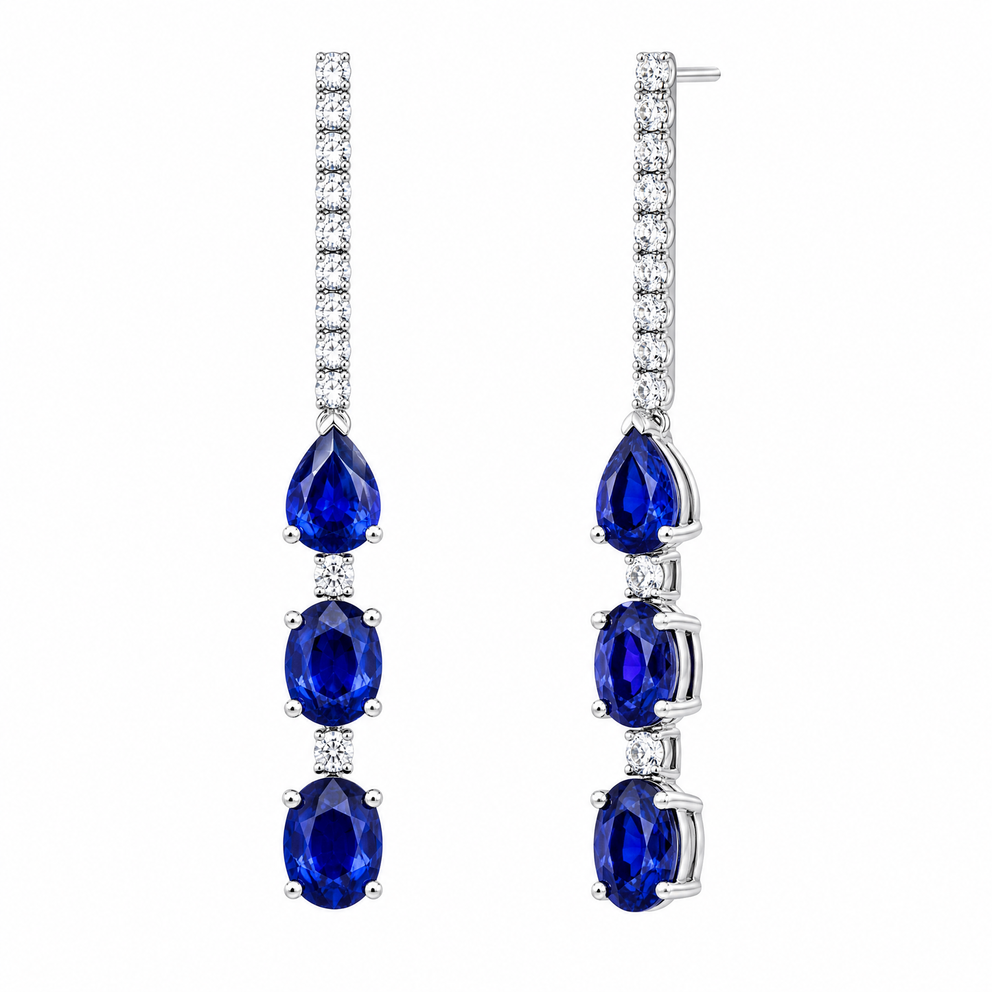 SECY1401W W-2 front and turned view showing the straight post - blue sapphire and diamond linear station drop earrings