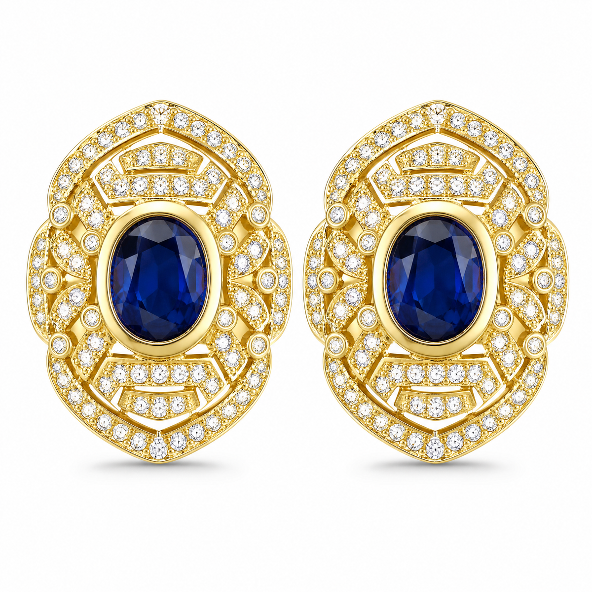 SED0017 W-1 frontal pair - oval blue sapphire and diamond milgrain openwork clip earrings