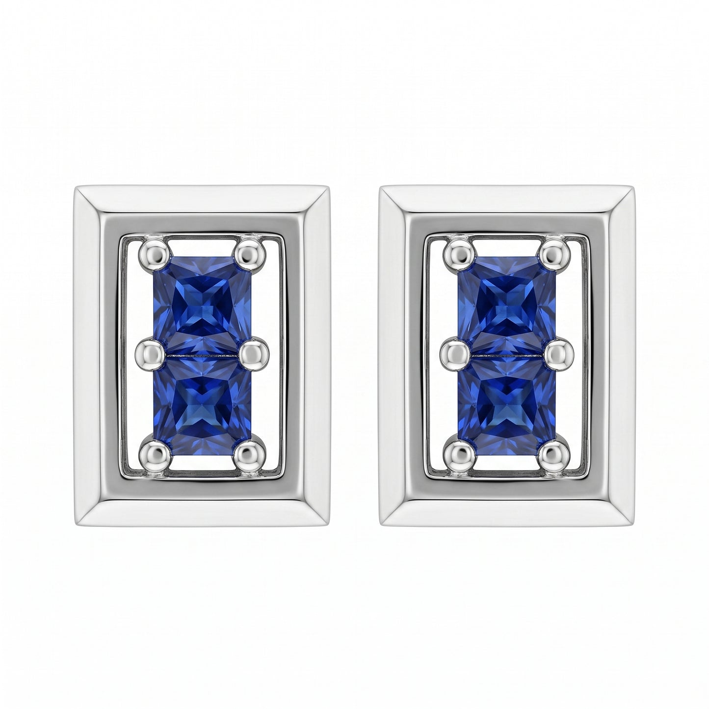 14k white gold four square blue sapphire rectangular frame post earrings, white background
