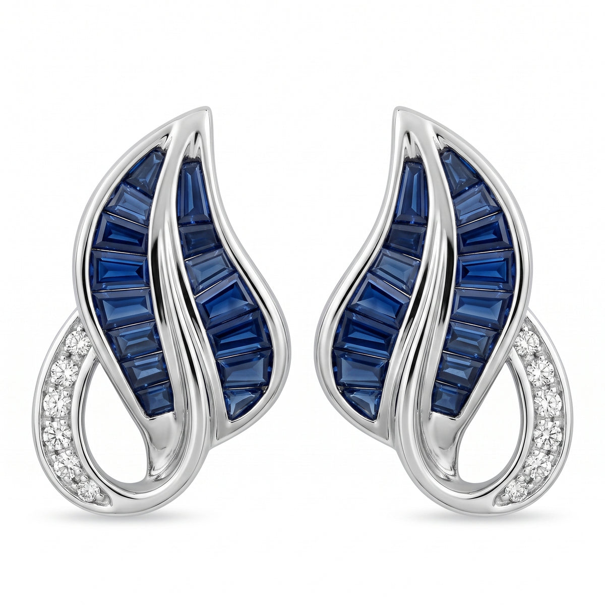 29 Tapered Sapphire & 12-Diamond Leaf Clip Earrings in 14K white gold, front view on white background