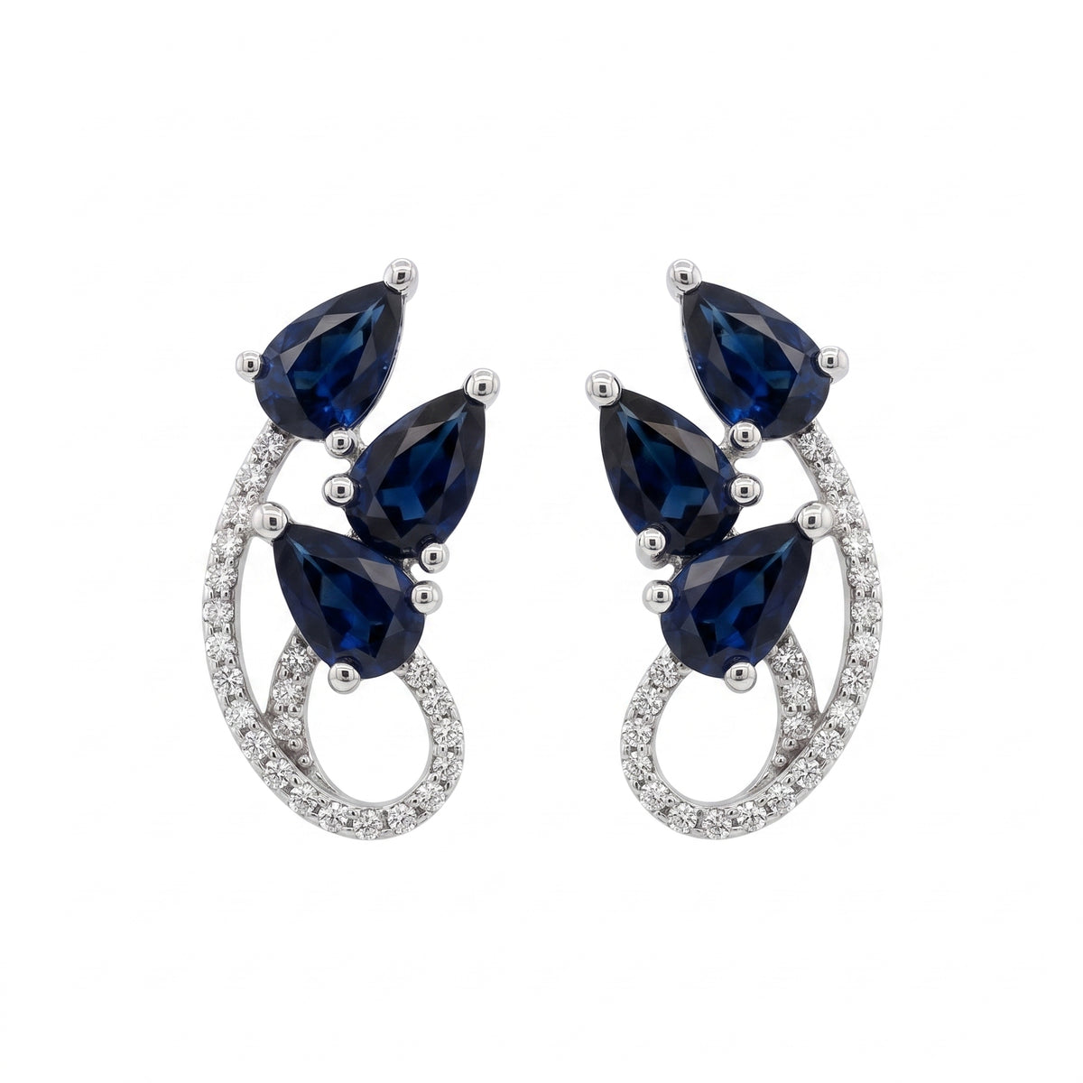 6 Pear Sapphire & 46-Diamond Post Earrings - white background front view