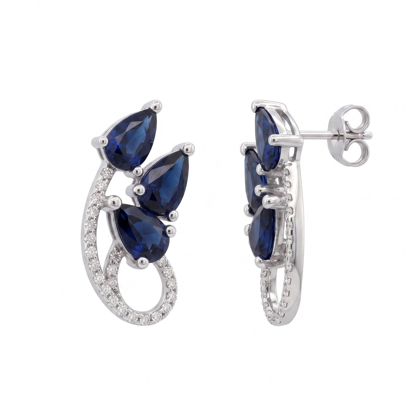 6 Pear Sapphire & 46-Diamond Post Earrings - white background front and profile view