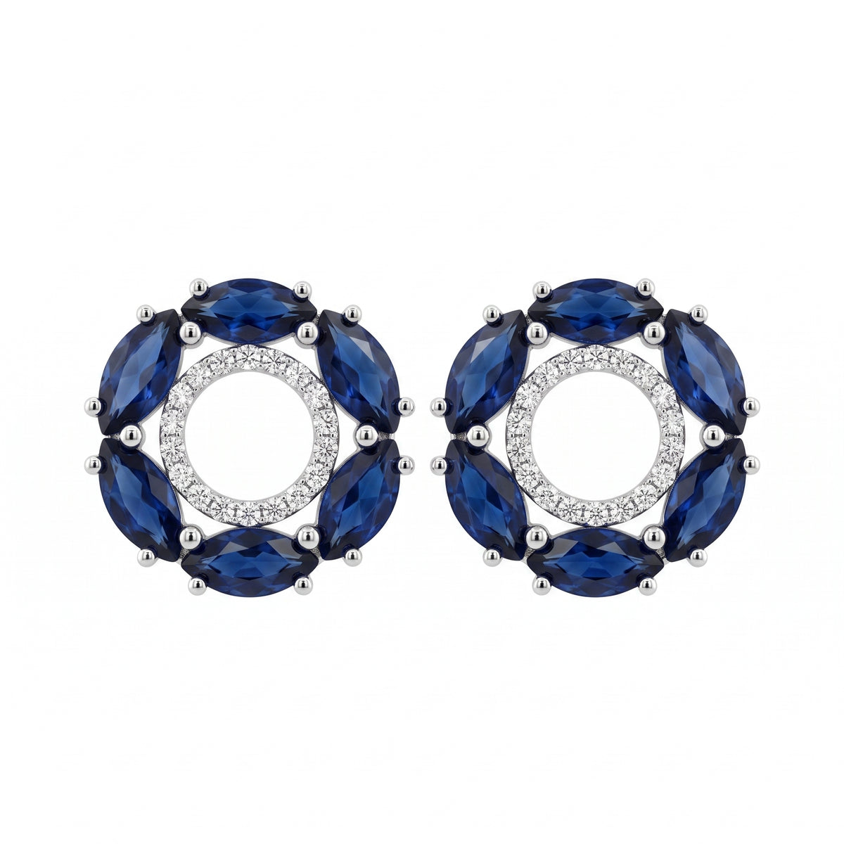 12 Marquise Sapphire & 36-Diamond Circle Post Earrings, 12mm - white background front view