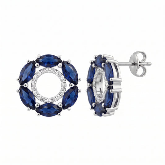 12 Marquise Sapphire & 36-Diamond Circle Post Earrings, 12mm - white background front and profile view