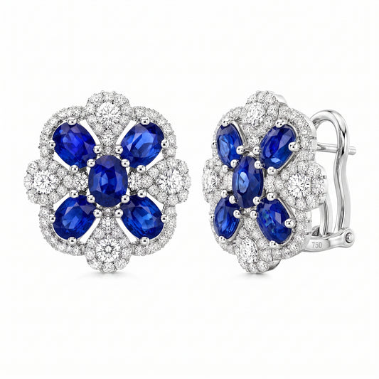 5.19 Carat Sapphire and Diamond Flower Cluster Clip Earrings