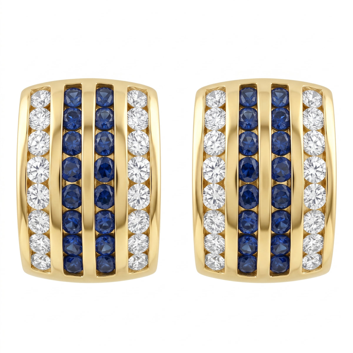 SEM0049 W-1 frontal pair - 4-row blue sapphire and diamond alternating 18K yellow gold huggie hoop earrings