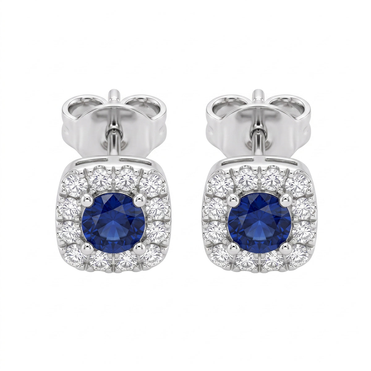 2 Round Sapphire & 24-Diamond Square Post Earrings - white background pair view