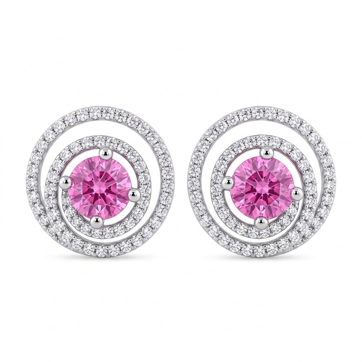 14k white gold 5mm round pink sapphire and one hundred eighteen round diamond swirl halo stud earrings, white background