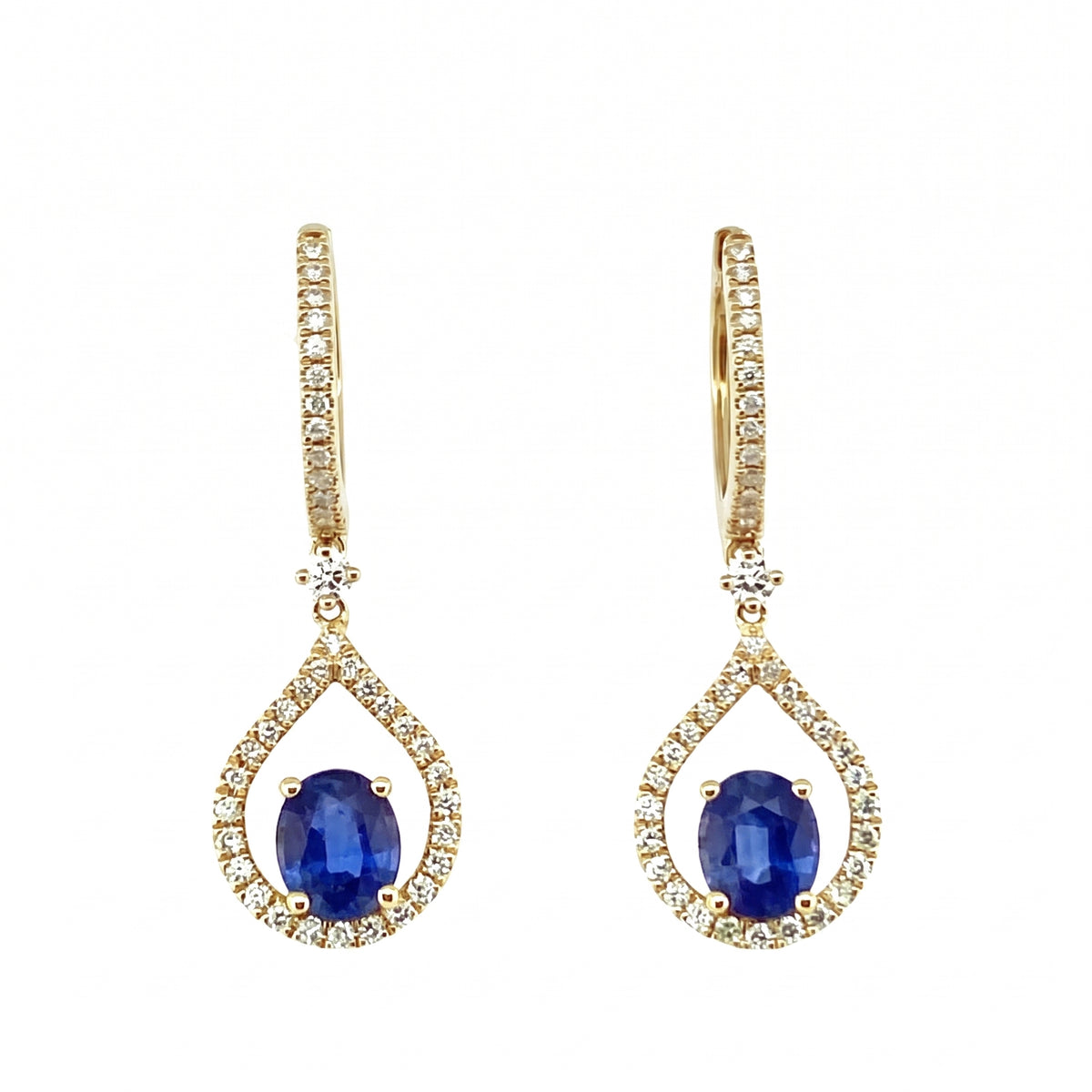 Oval sapphire and diamond yellow gold drop hoop earrings, pair view