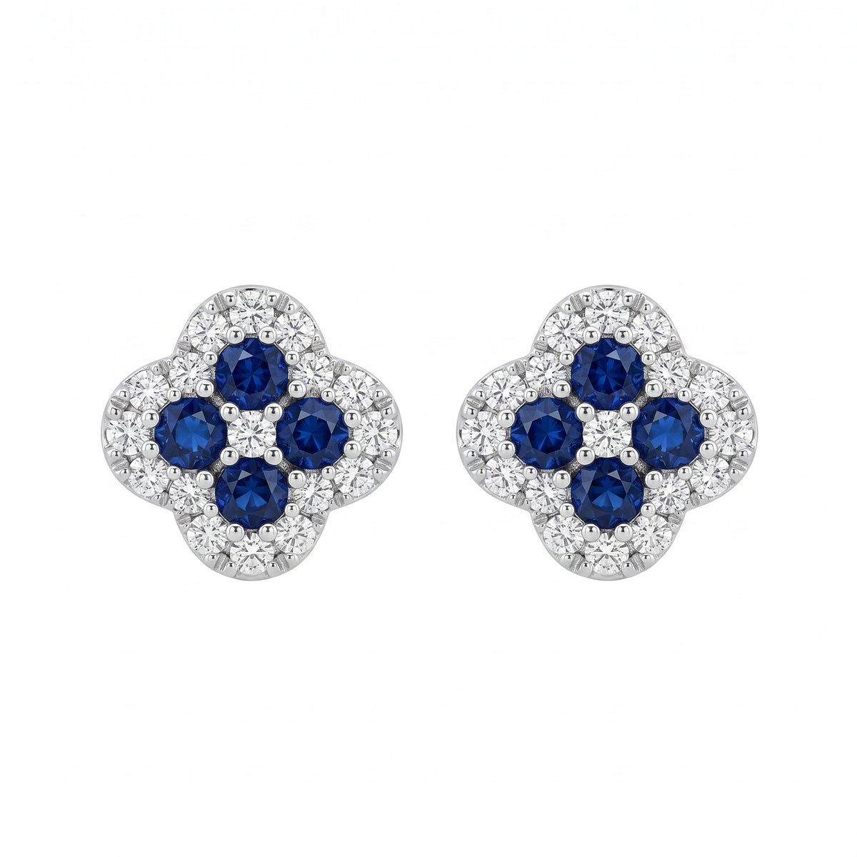 8 Round Sapphire & 34-Diamond Clover Post Earrings, 7.5mm - white background front view