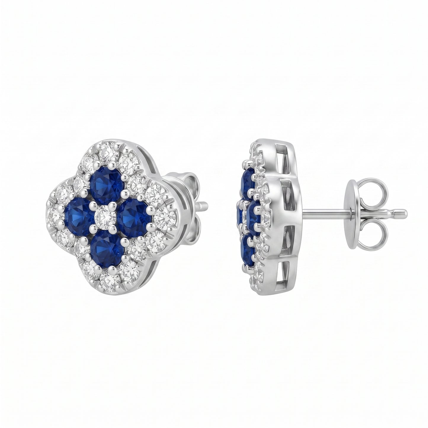 8 Round Sapphire & 34-Diamond Clover Post Earrings, 7.5mm - white background front and profile view
