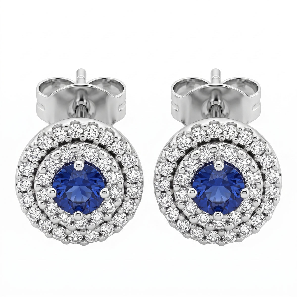 SEPL0049W 14K white gold double-halo post earrings with a round blue sapphire centre and two rows of pave diamonds, white background