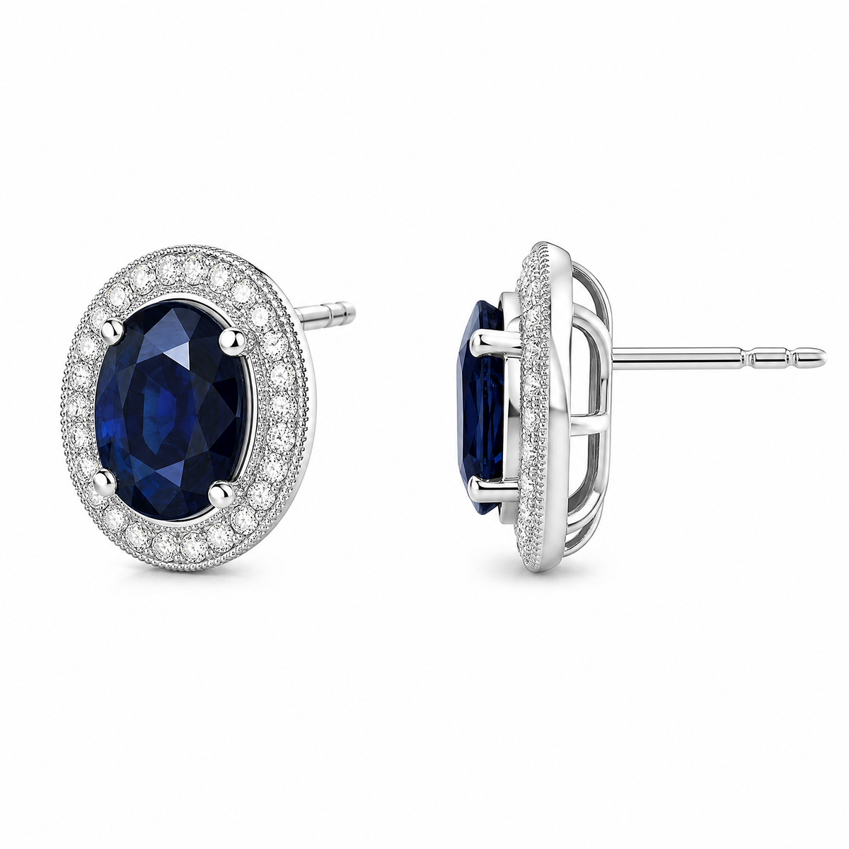SERT0502W-OV W-2 turned view showing post and butterfly back - oval blue sapphire milgrain halo stud earrings in 18K white gold