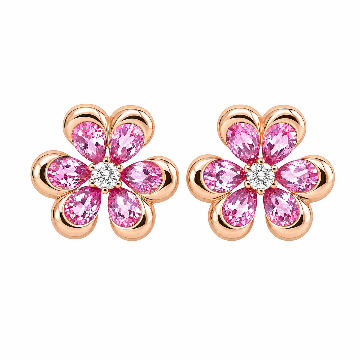 Pink Sapphire Clover Flower Stud Earrings - frontal pair