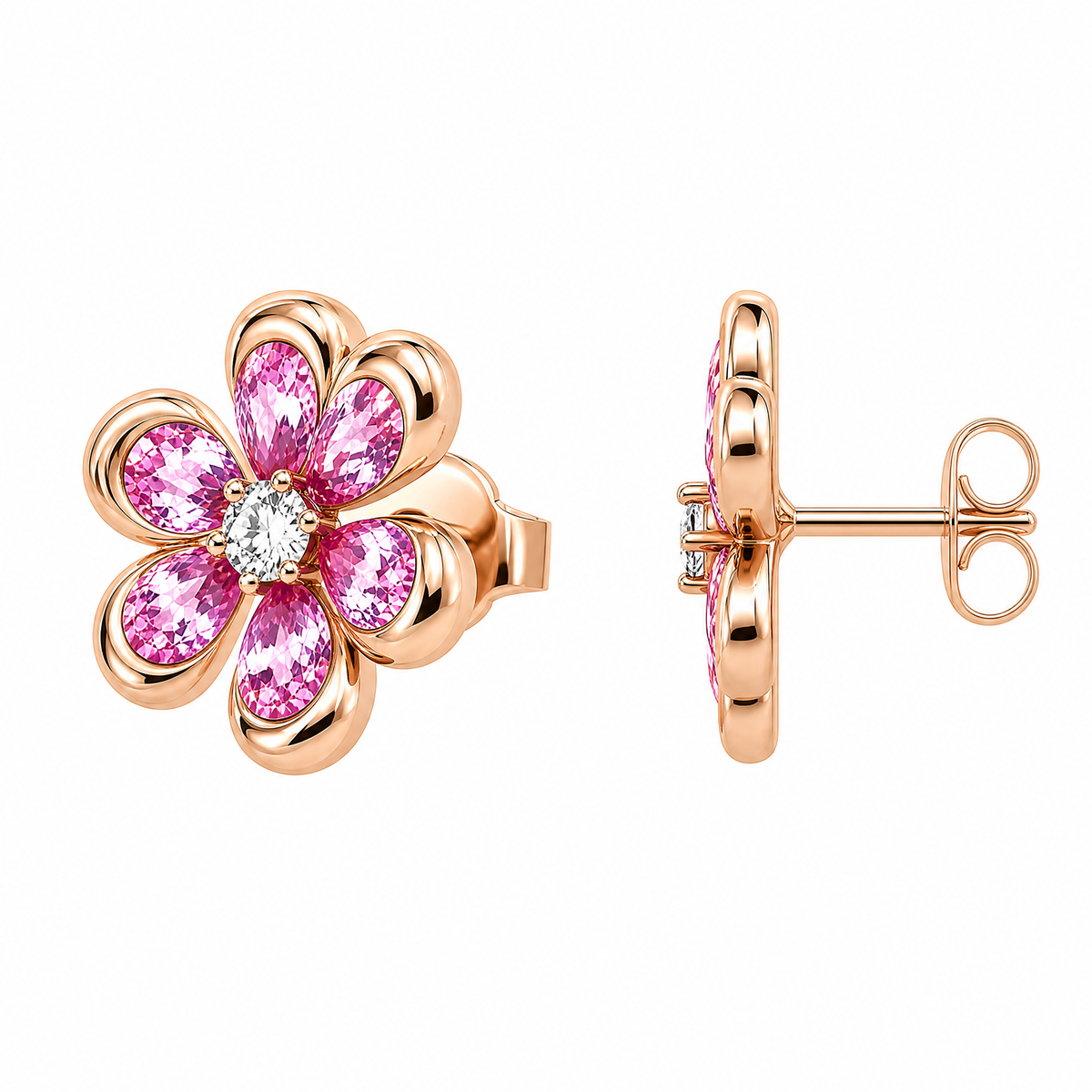 Pink Sapphire Clover Flower Stud Earrings - lateral view showing post and butterfly back