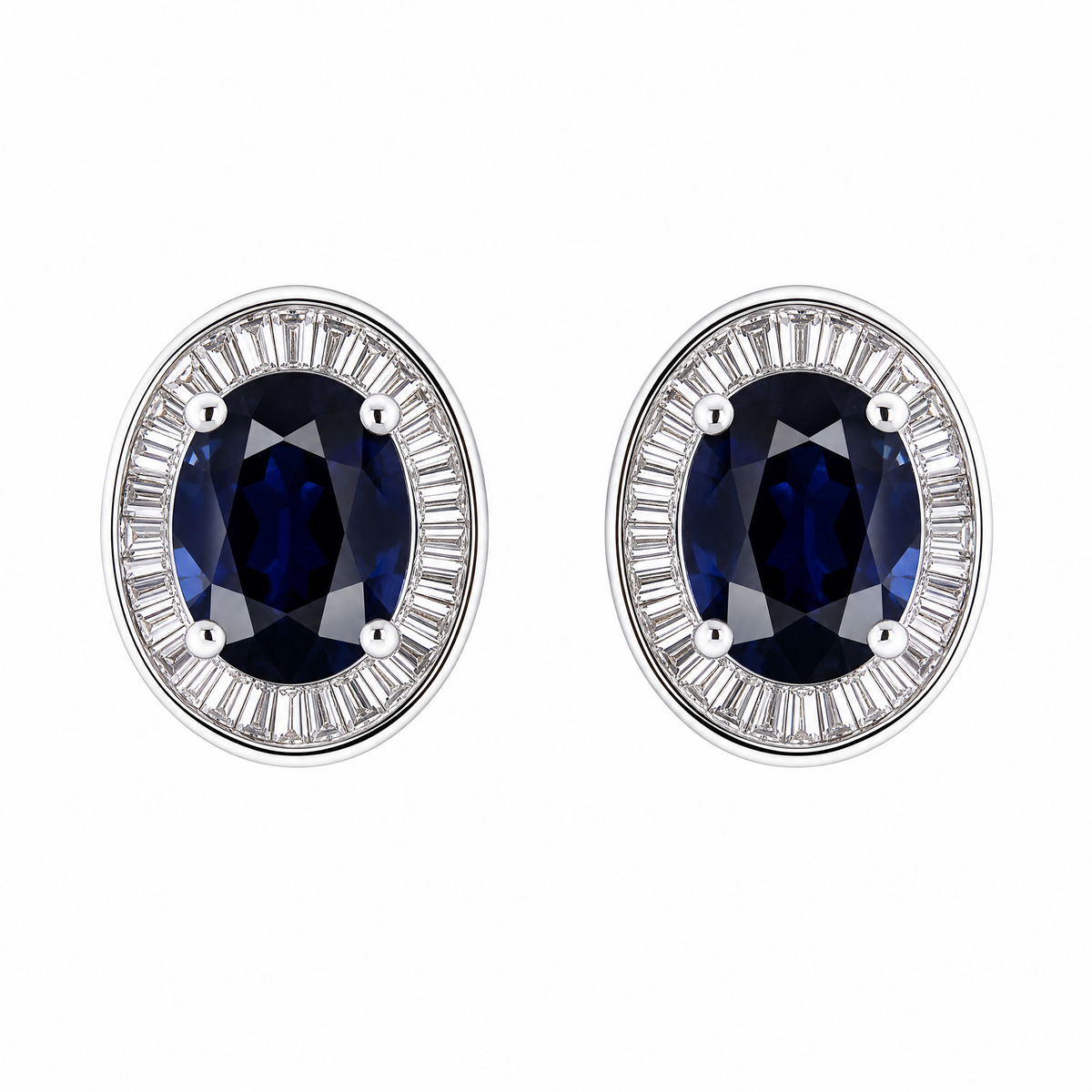 SETM0306AW W-1 frontal pair - oval blue sapphire with tapered baguette diamond ballerina halo stud earrings in 18K white gold
