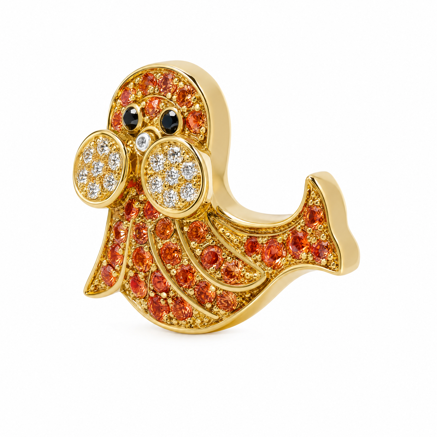 18K yellow gold orange sapphire and diamond seal pin-slider brooch, side angle view