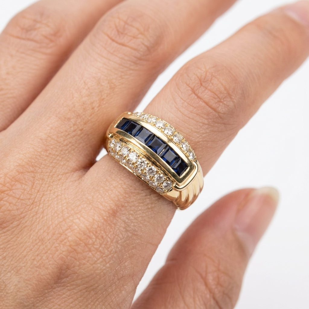 6 Square Sapphire & 32-Diamond Ring