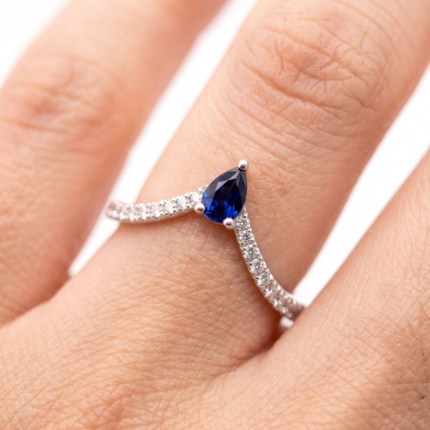 Pear Sapphire & 24-Diamond V Ring