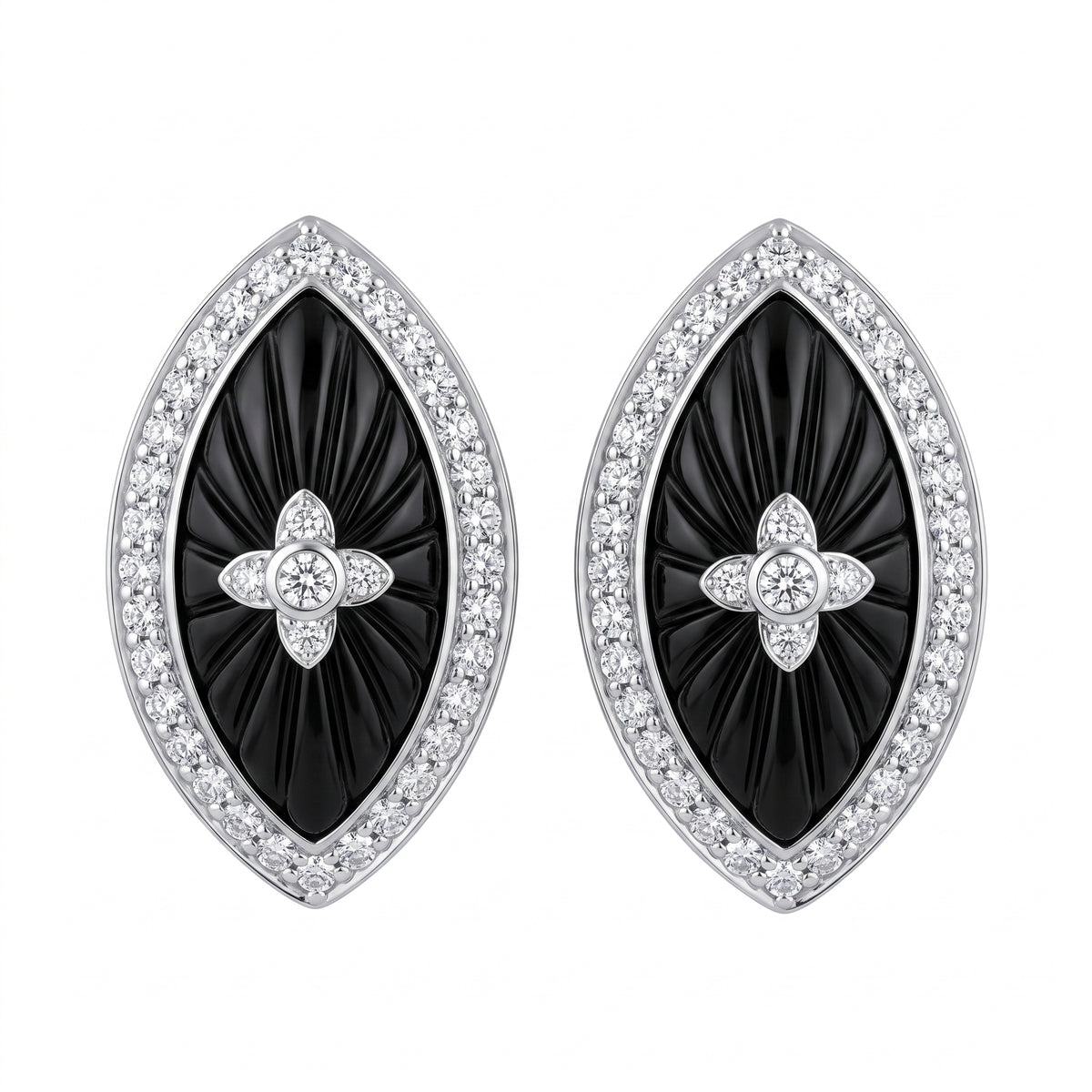 18k white gold 9x18mm carved marquise onyx and forty round diamond post and clip earrings, white background