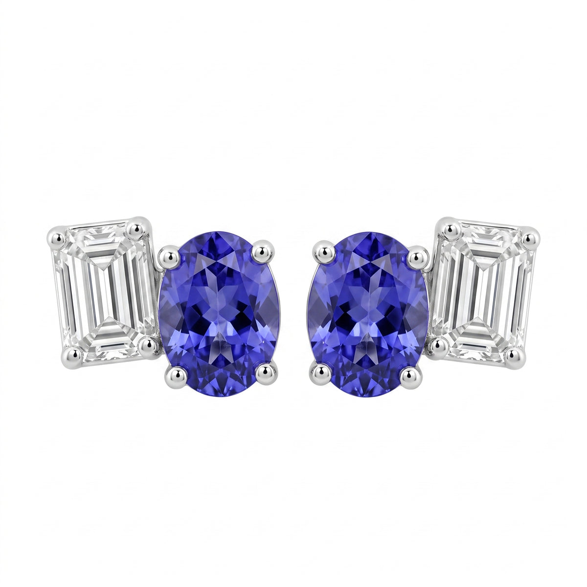 Oval Tanzanite, 10 Tapered & 8 Round Diamond Post Earrings - white background pair view