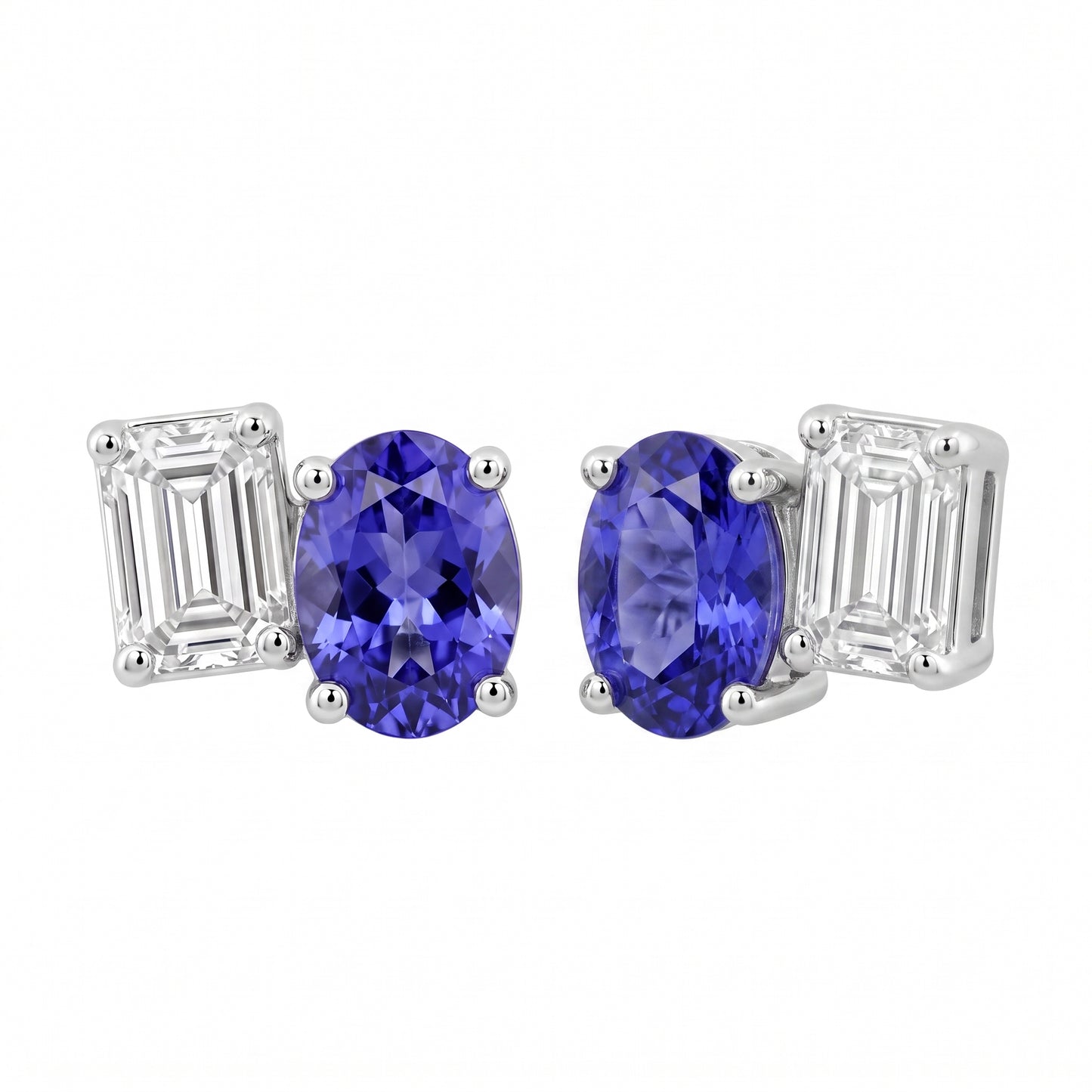 Oval Tanzanite, 10 Tapered & 8 Round Diamond Post Earrings - 3D turn view