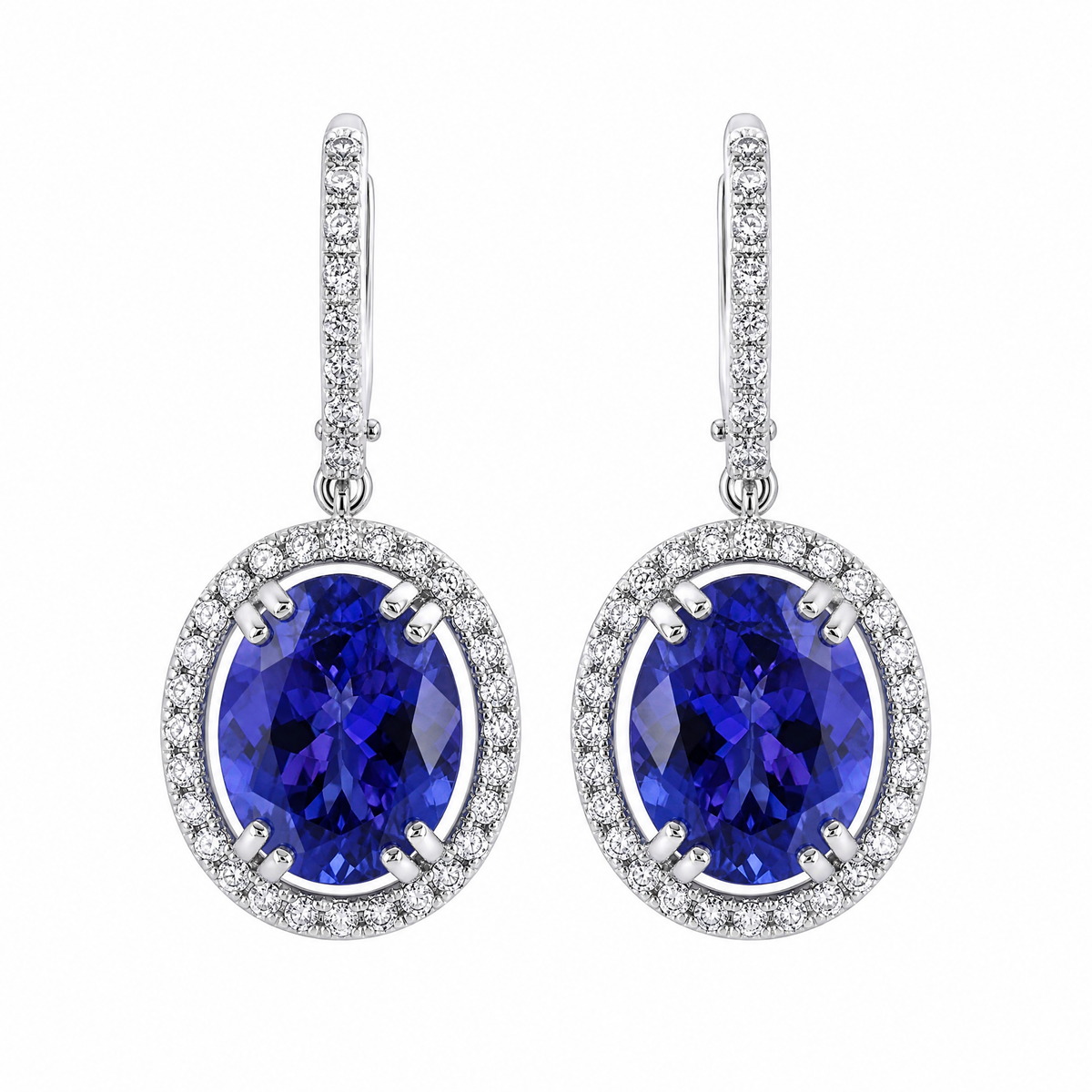 ZETE0582W W-1 frontal pair - oval tanzanite and diamond halo drop earrings on pave hoops, 18K white gold