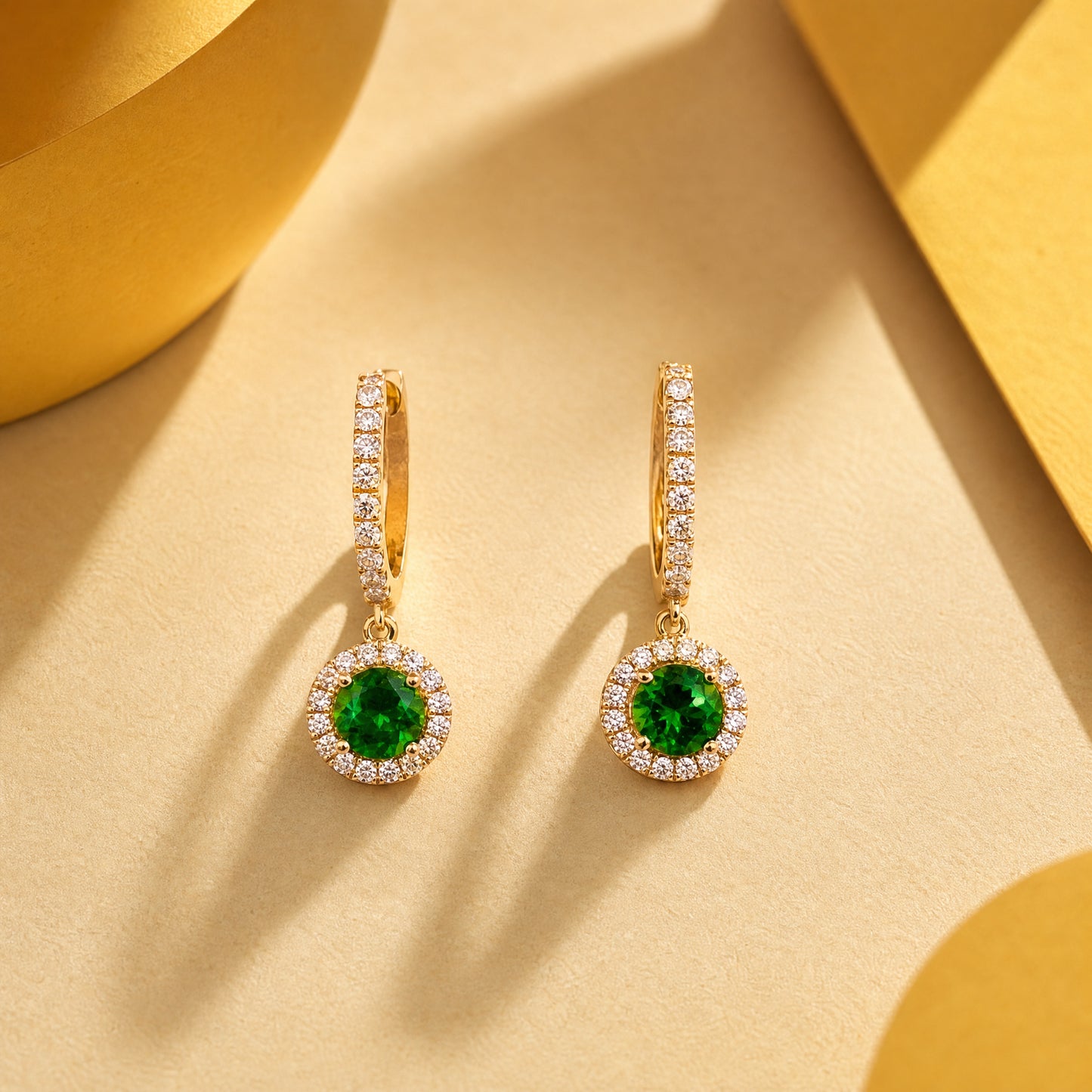 18K White Gold Green Tourmaline Diamond Halo Dangle Hoop Earrings - Scene