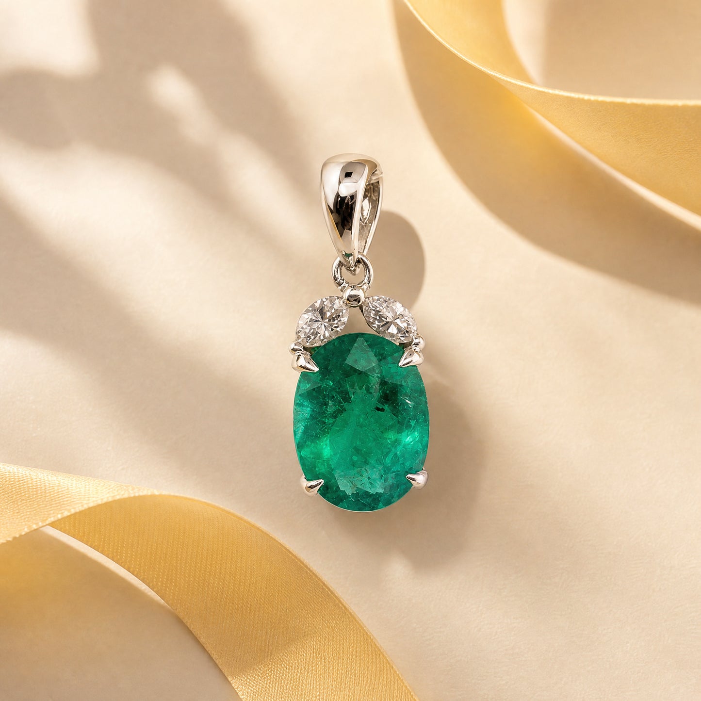 2.58ct Oval Emerald & Diamond Pendant in 14K White Gold