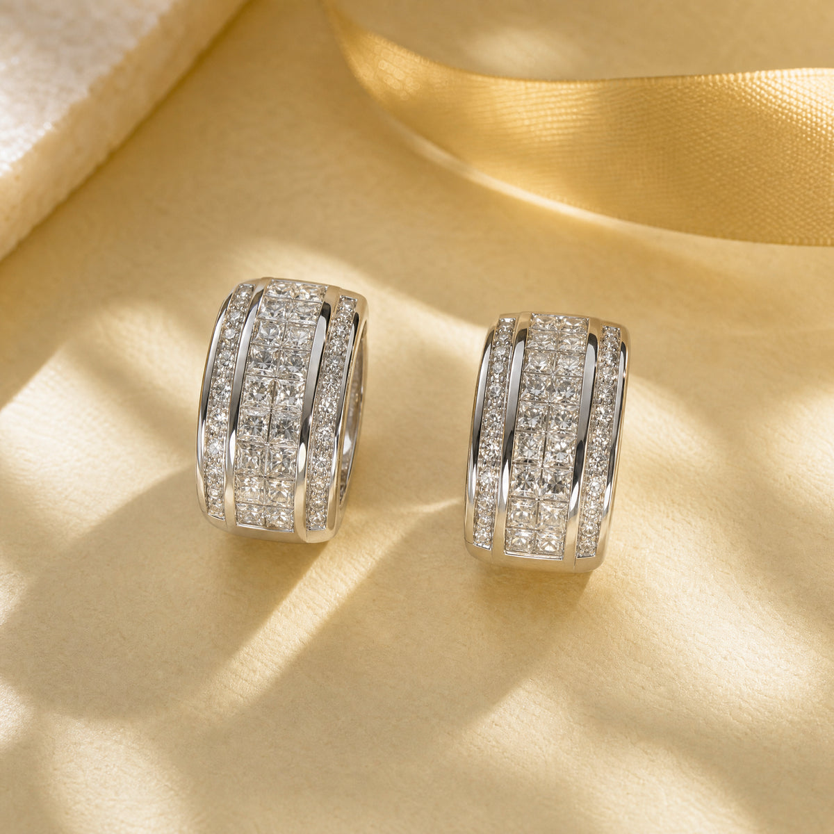 2.66ct Princess & Round Diamond Three-Row Huggie Earrings in 18K White Gold