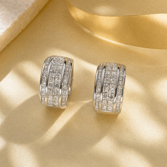 2.66ct Princess & Round Diamond Three-Row Huggie Earrings in 18K White Gold