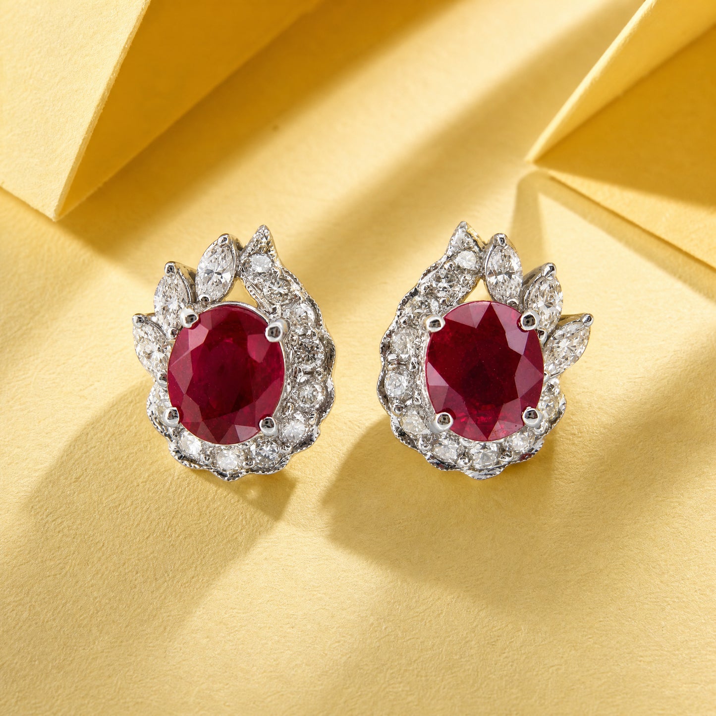 18K White Gold Oval Ruby Flame Halo Diamond Earrings