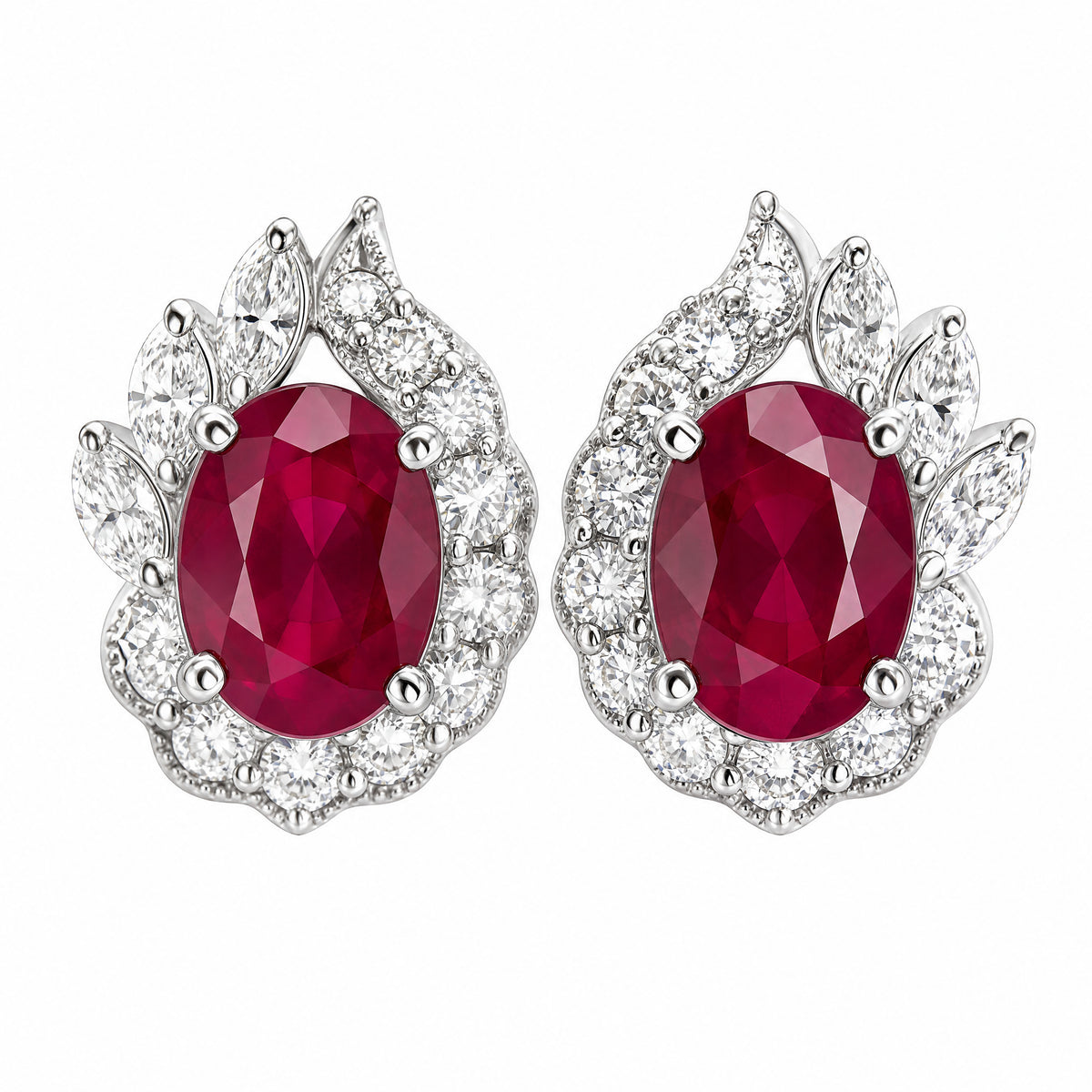 18K White Gold Oval Ruby Flame Halo Diamond Earrings