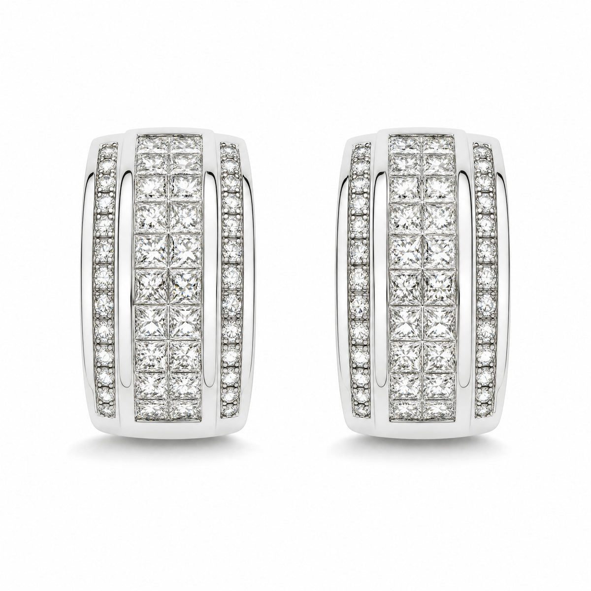 2.66ct Princess & Round Diamond Three-Row Huggie Earrings in 18K White Gold