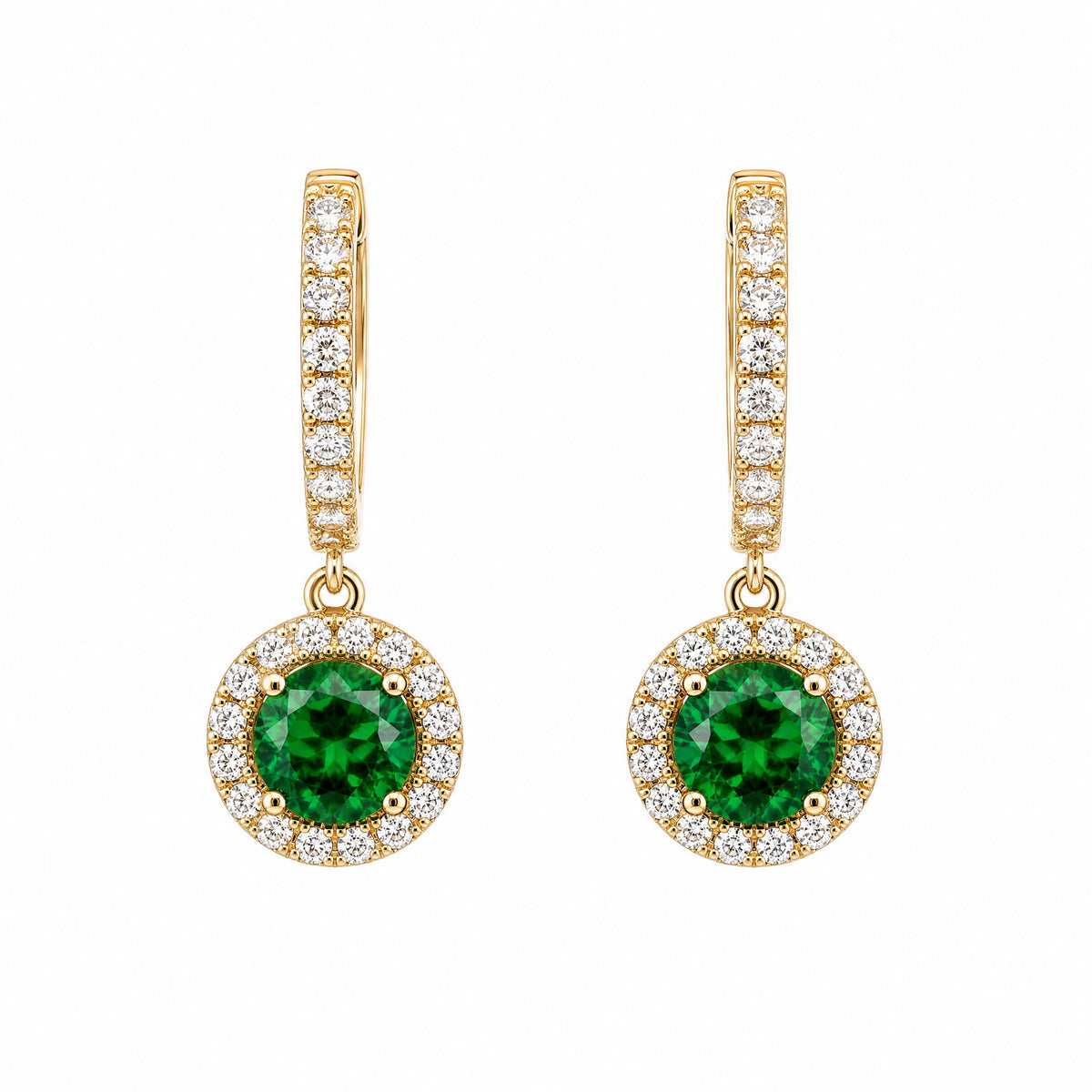 18K White Gold Green Tourmaline Diamond Halo Dangle Hoop Earrings - Front View