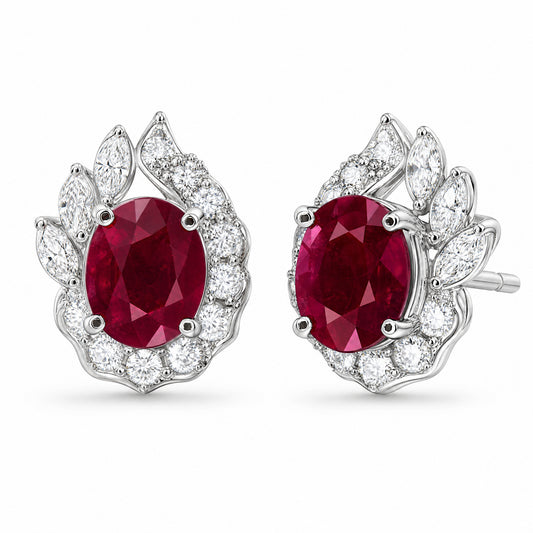 18K White Gold Oval Ruby Flame Halo Diamond Earrings