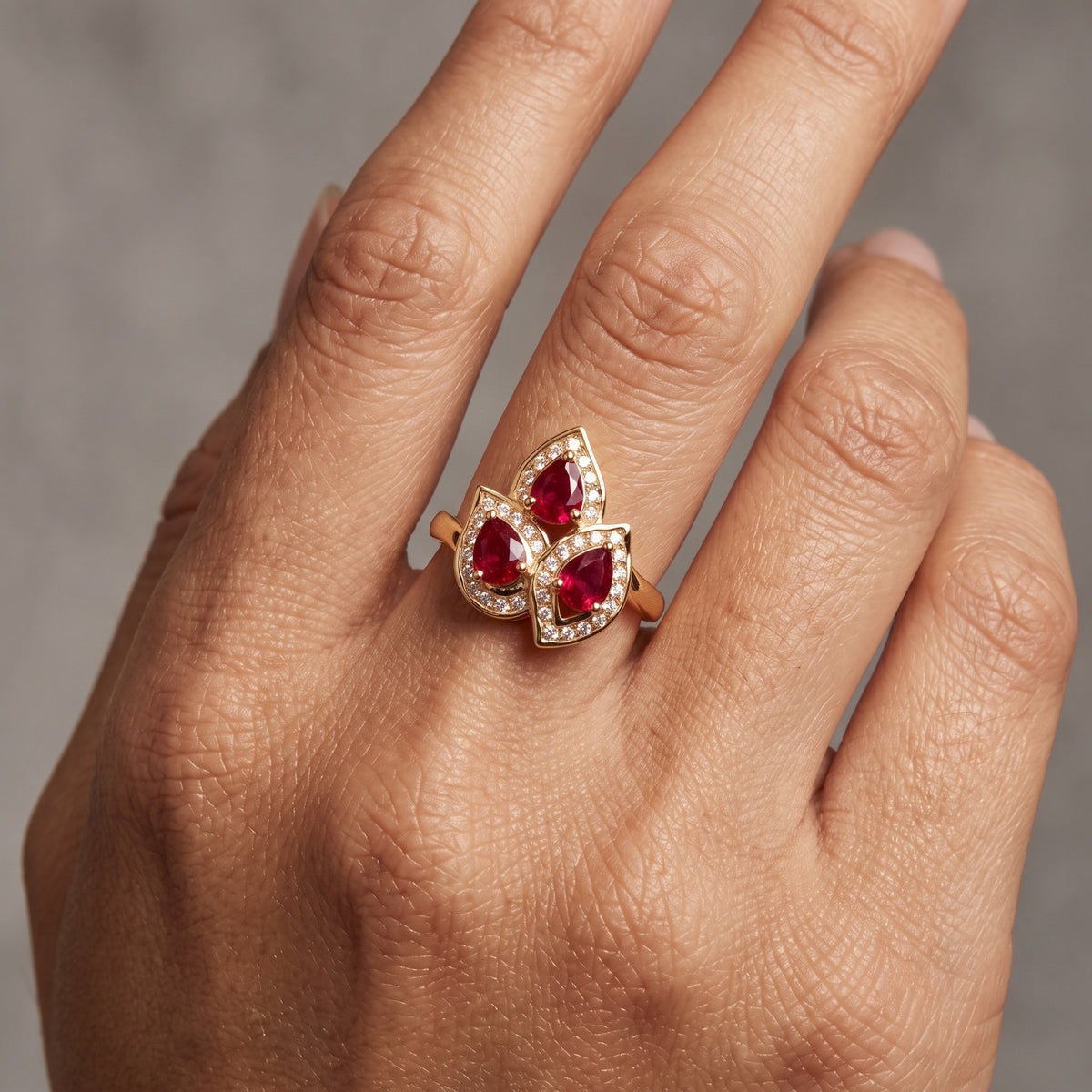 3-Pear Ruby & 38-Diamond Cluster Ring