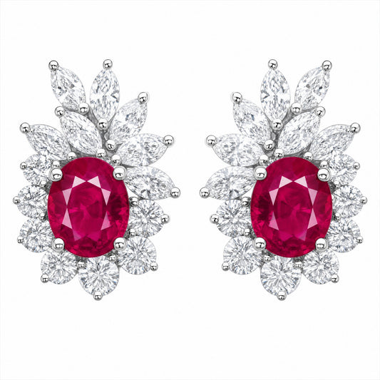 1REEJ394BW W-1 frontal pair - oval ruby and marquise diamond crown clip earrings